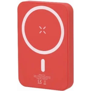 A red wireless charger with a circular design and a logo, featuring a simple button on the front.