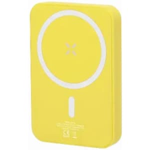 A yellow wireless charger with a circular outline and a central power button. It has a logo on its surface.