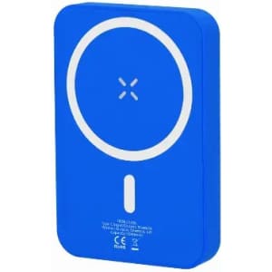 A blue power bank with a circular logo, rectangular shape, and a white design element on the front.
