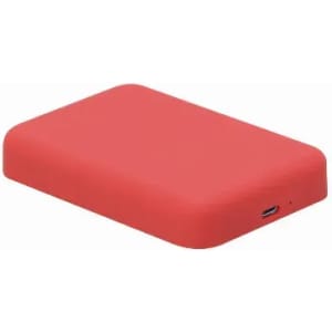 A red rectangular power bank with rounded corners and a USB-C port on one side. It has a smooth finish.