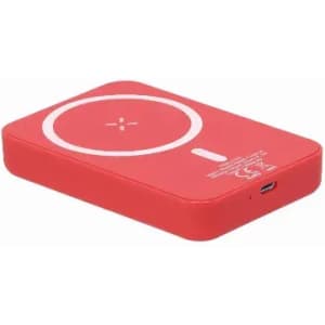 A red wireless charger with a circular design and a single charging port, featuring a logo.