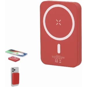 A red magnetic wireless charger surrounded by a smartphone and a phone case, featuring a simple logo.