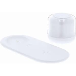 A drink bottle in a sleek white design, accompanied by a matching base, featuring a logo.