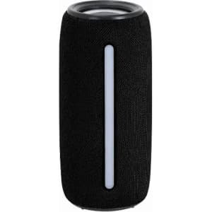 A cylindrical black speaker with a textured fabric design and a light strip on one side. It has a sleek, modern look.
