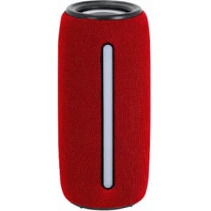 A red cylindrical speaker with a fabric texture and a vertical light window. Features a logo on the side.