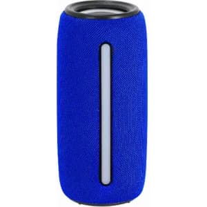 A portable speaker with a cylindrical shape, featuring a vibrant blue textured fabric exterior and a logo.