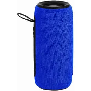 A blue portable speaker with a textured mesh exterior and a black base, featuring a carrying loop.