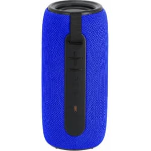 A blue drink bottle with a textured surface and a button panel on the side. It has a handle for easy carrying.