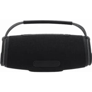 A portable speaker in black with a textured surface and a carrying handle. It features a logo on its side.