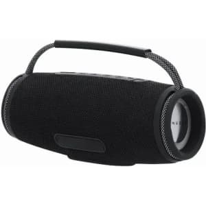 A portable black speaker with a textured surface and a carrying handle. It has a round speaker at either end.