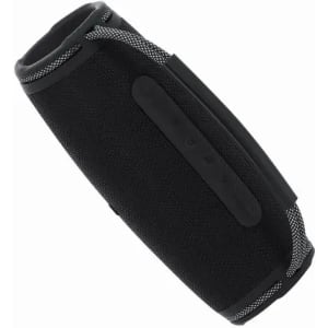 A drink bottle in black with a textured grip and a mesh sleeve, featuring a button panel on the side.