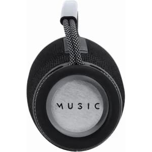 A portable speaker in black with a textured exterior, featuring a loop for carrying and a logo on the front.