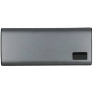 A grey promotional product with a smooth finish. It features a logo and a small opening on one side.