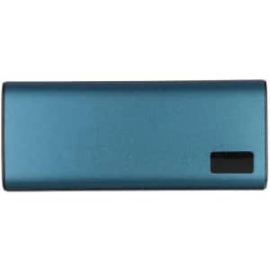 A drink bottle in a sleek, metallic blue finish with a small rectangular opening and a logo.