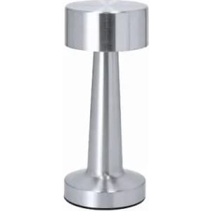 A drink bottle in a sleek silver design with a tapered body and a rounded base, featuring a metallic finish.