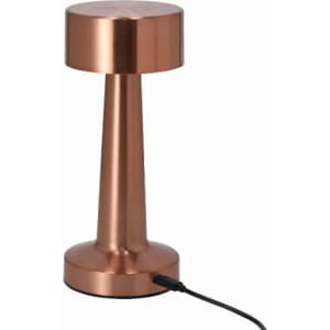 A copper-coloured lamp with a sleek design, featuring a cylindrical base and a rounded top, connected by a power cord.