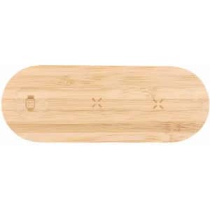 A bamboo serving board with a smooth, oval shape, featuring a subtle logo design.