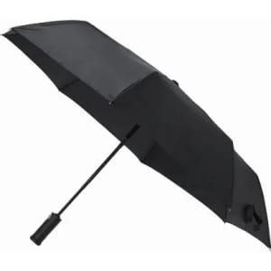 A black foldable umbrella with a straight handle, featuring a compact design for easy storage.