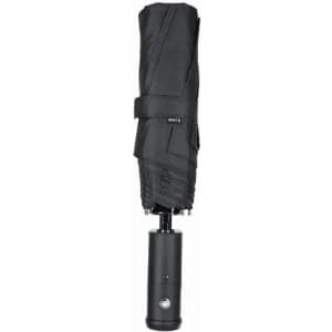 A black compact umbrella with a sleek handle featuring a logo. The umbrella is folded and closed.