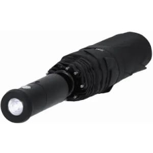 A black umbrella with a flashlight handle, compactly folded. It features a sleek design and a branding logo.