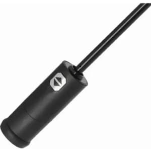 A black drink bottle with a hexagonal logo and a long straw.