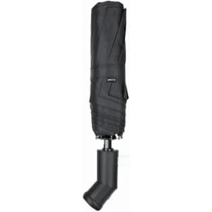 A black folding umbrella with a curved handle, featuring a logo on the fabric.