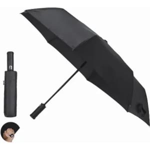 A black umbrella with a matching cover and a handle, featuring a logo. The umbrella is open, showing its full size.