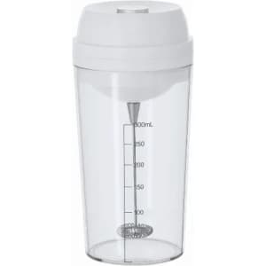 A drink bottle in clear plastic with a white lid and a built-in mixing whisk. It features measurement markings.