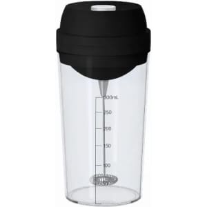 A drink bottle with a clear body and black lid, featuring measurement markings and a whisk ball inside.