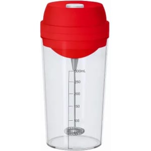 A drink bottle with a clear body and a red lid, featuring measurement markings and a branding logo.