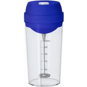 A drink bottle with a clear body, blue lid, and a built-in whipper for mixing, featuring measurement markings.