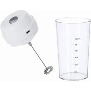 A whisking device in white with a metal whisk and a clear measuring cup marked with millilitres.