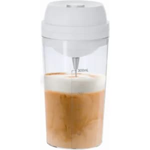A drink bottle with a white lid and transparent body, containing a layered beverage and measurement markings.