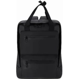 A black backpack featuring two front zippered pockets and dual shoulder straps. It has a simple, sleek design.