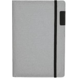 A grey notebook with a black elastic band, featuring a textured cover and a small black tab.