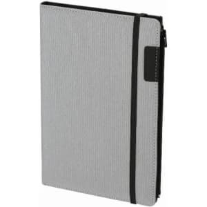 A notebook in grey fabric with a black elastic band and a subtle logo on the cover.