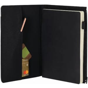 A black notebook with a zip closure, featuring a pocket for cards and a pencil. Inside is a blank page notebook.