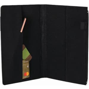 A black wallet with a textured finish, featuring card slots and a pocket for notes or tickets.