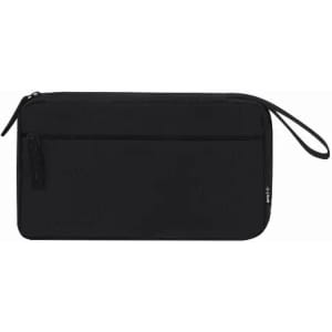 A black zippered pouch featuring a front pocket and a wrist strap, with a logo on the side.