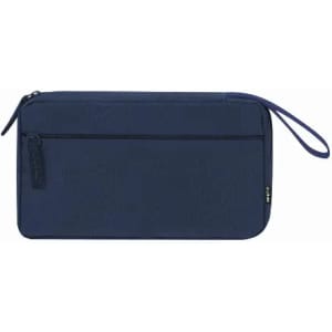 A navy blue travel pouch with a zippered closure and a wrist strap, featuring a front pocket.