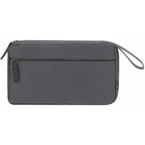 A grey zippered pouch with a handle, featuring a main compartment and a front pocket. It has a logo on the side.