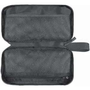 A zippered black storage pouch with a mesh design and a handle, featuring an open layout for easy access.
