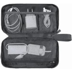 A tech organiser featuring a grey exterior, multiple mesh pockets for cables, and a charger inside.
