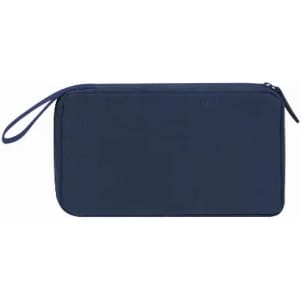 A navy blue zippered pouch with a wrist strap, featuring a smooth surface and branded logo.