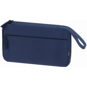 A navy blue zippered pouch with a secure handle and a front pocket, featuring a logo.