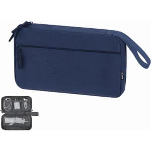 A navy blue organiser pouch with a zip closure and a handle, paired with a smaller black pouch showcasing assorted accessories.