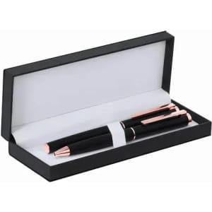 A pen set featuring a black pen with rose gold accents, presented in a sleek black gift box.