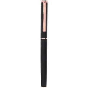 A pen with a sleek black body and rose gold accents, featuring a clip at the top. It has a modern design.