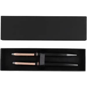 A chopstick set in a black box, featuring two black chopsticks with rose gold accents. The box is also black.