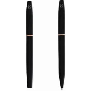 A pen in black with a rose gold accent and a logo, displayed in two positions.